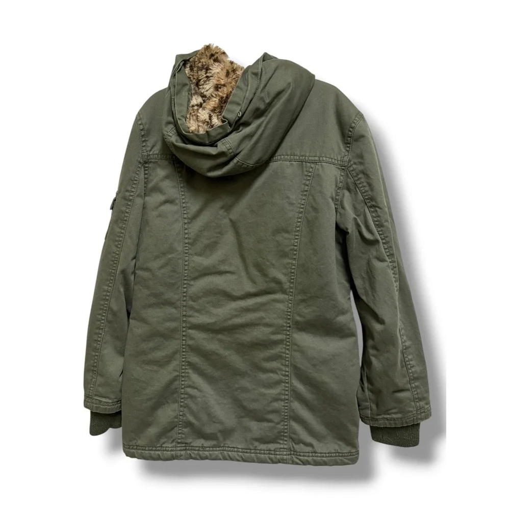 Justice Girls Olive Green Hooded Utility Anorak Jacket Faux Fur Lined 12/14